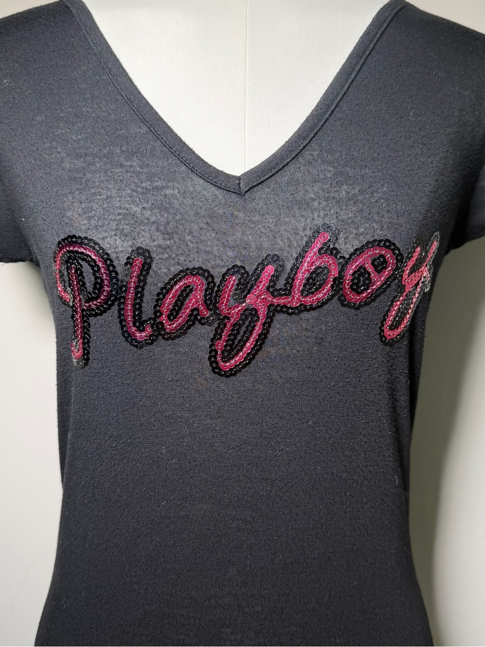 PLAYBOY Black V-Neck Tee with Pink Sequin Script